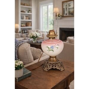 Vintage Hand-Painted Milk Glass Table Lamp | Pink Floral | Project Piece